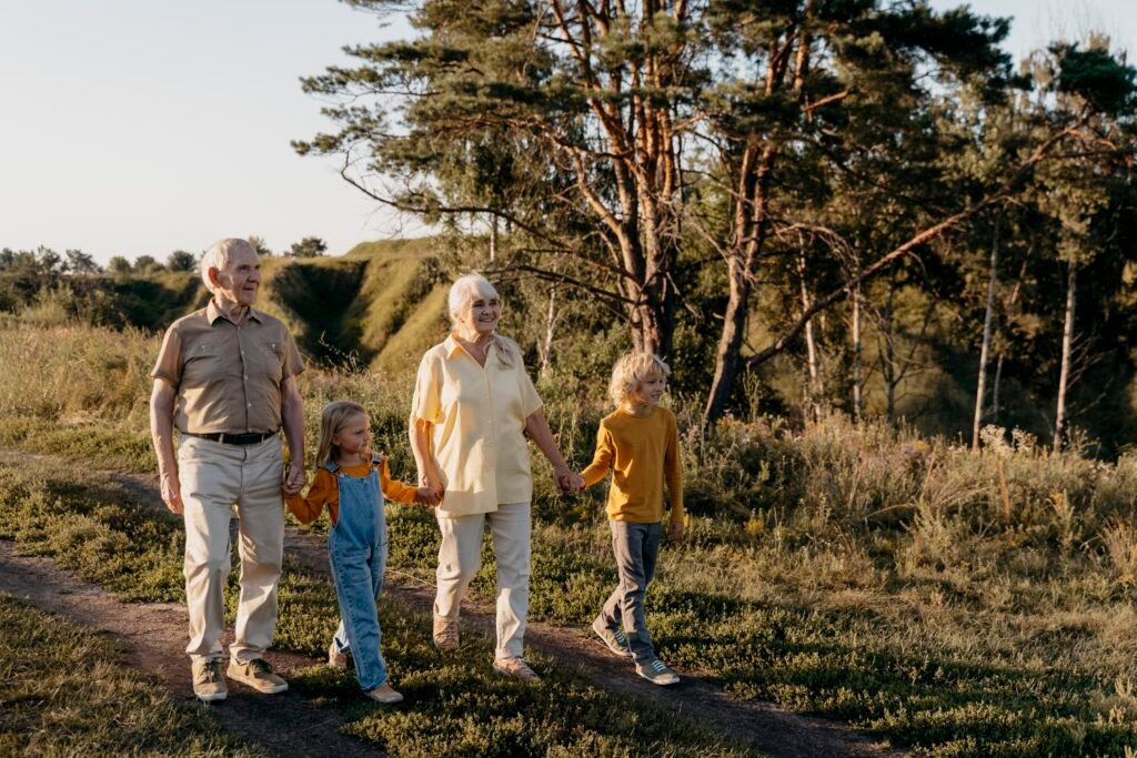 full shot family members walking together
